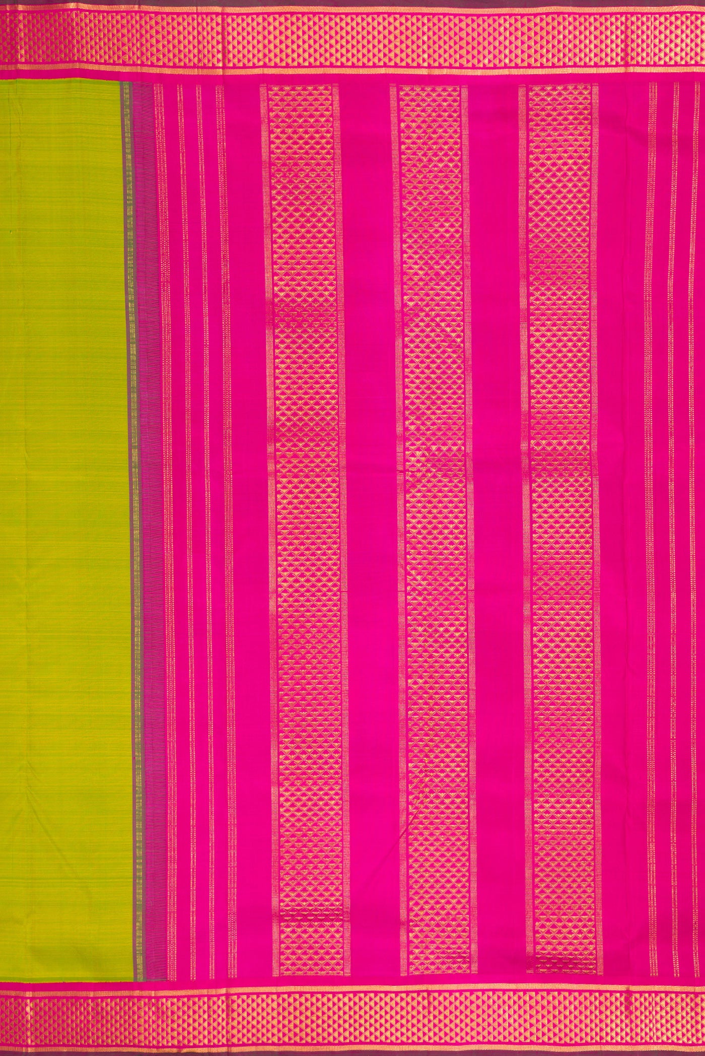 Close up image of the pallu of Pure Silk Pure Zari Parrot Green Kanchipuram Nine Yards Saree with Plain Body and Zari Border. 