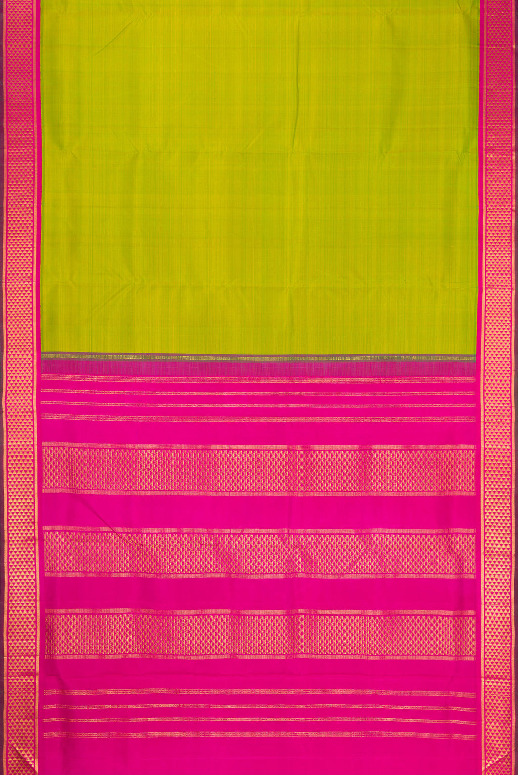 Flat view of Pure Silk Pure Zari Parrot Green Kanchipuram Nine Yards Saree with Plain Body and Zari Border. 