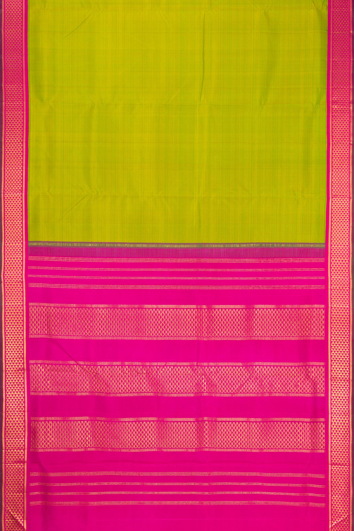 Flat view of Pure Silk Pure Zari Parrot Green Kanchipuram Nine Yards Saree with Plain Body and Zari Border. 