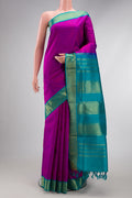 Pure Silk Pure Zari Purple Kanchipuram Nine Yards Saree with Plain Body and Zari Border.  displayed on a mannequin