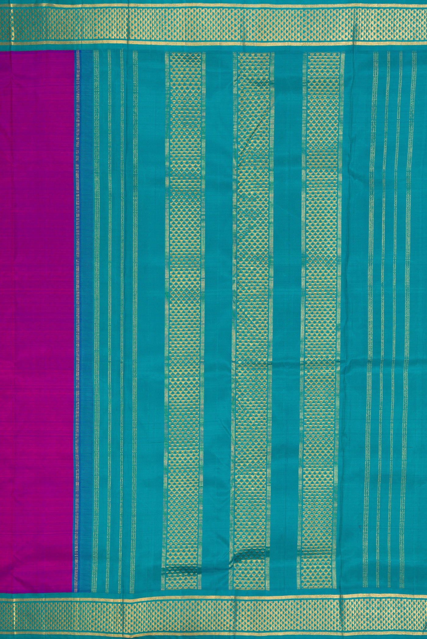 Close up image of the pallu of Pure Silk Pure Zari Purple Kanchipuram Nine Yards Saree with Plain Body and Zari Border. 