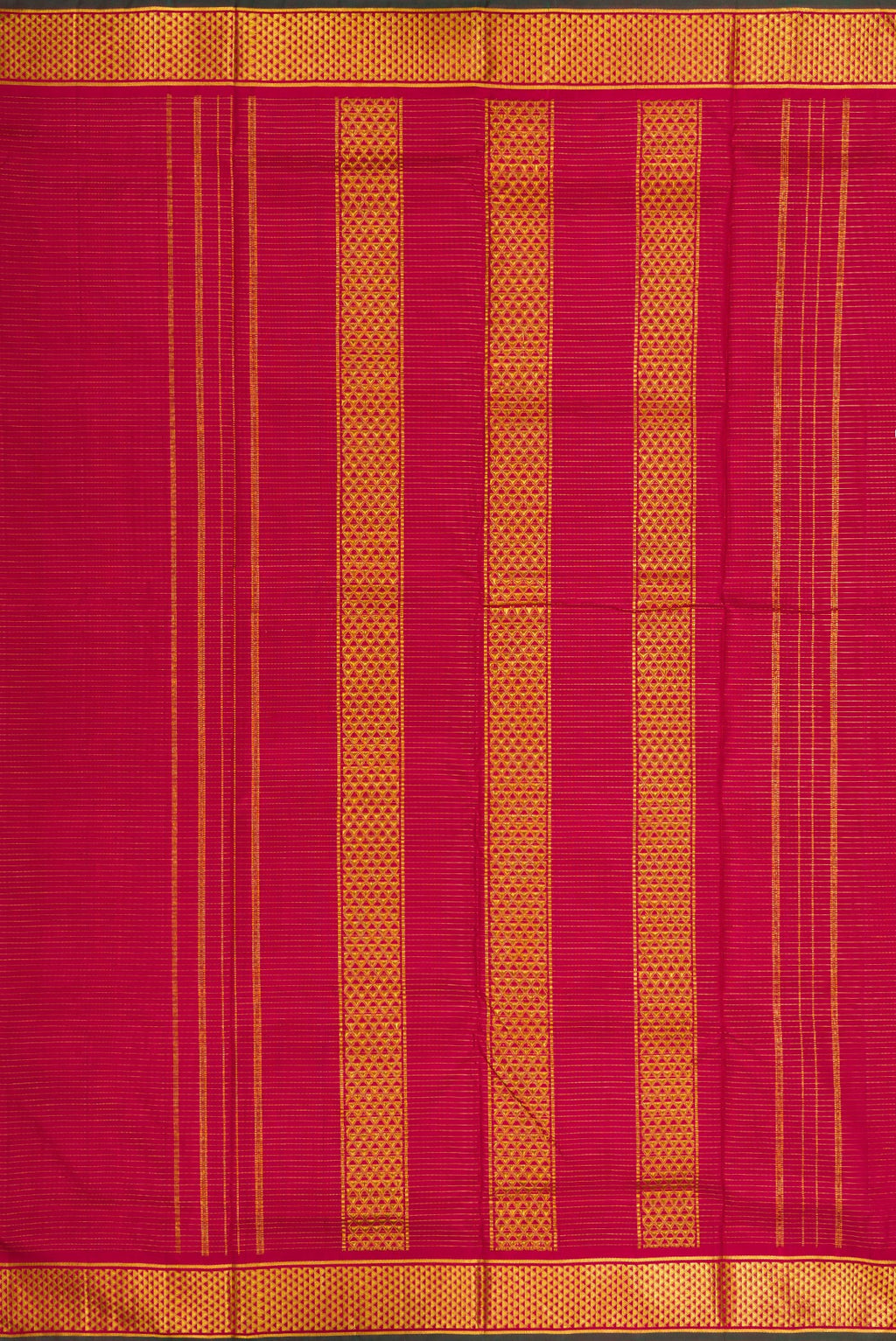 Close up image of the pallu of Pure Silk Pure Zari Maroon Dual Tone Kanjivaram Nine Yards Saree with Stripes on the body and Zari Border. 