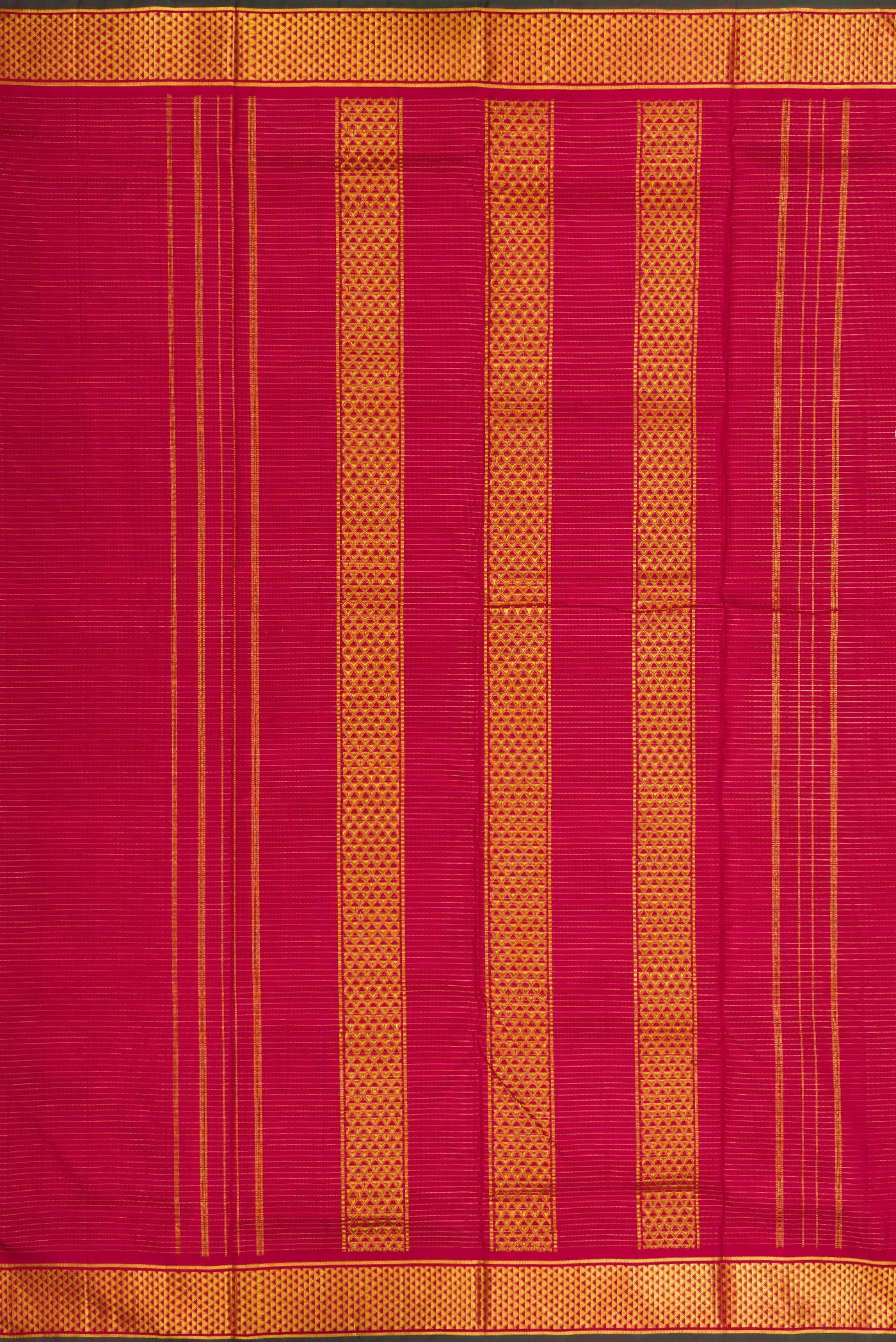 Close up image of the pallu of Pure Silk Pure Zari Maroon Dual Tone Kanjivaram Nine Yards Saree with Stripes on the body and Zari Border. 