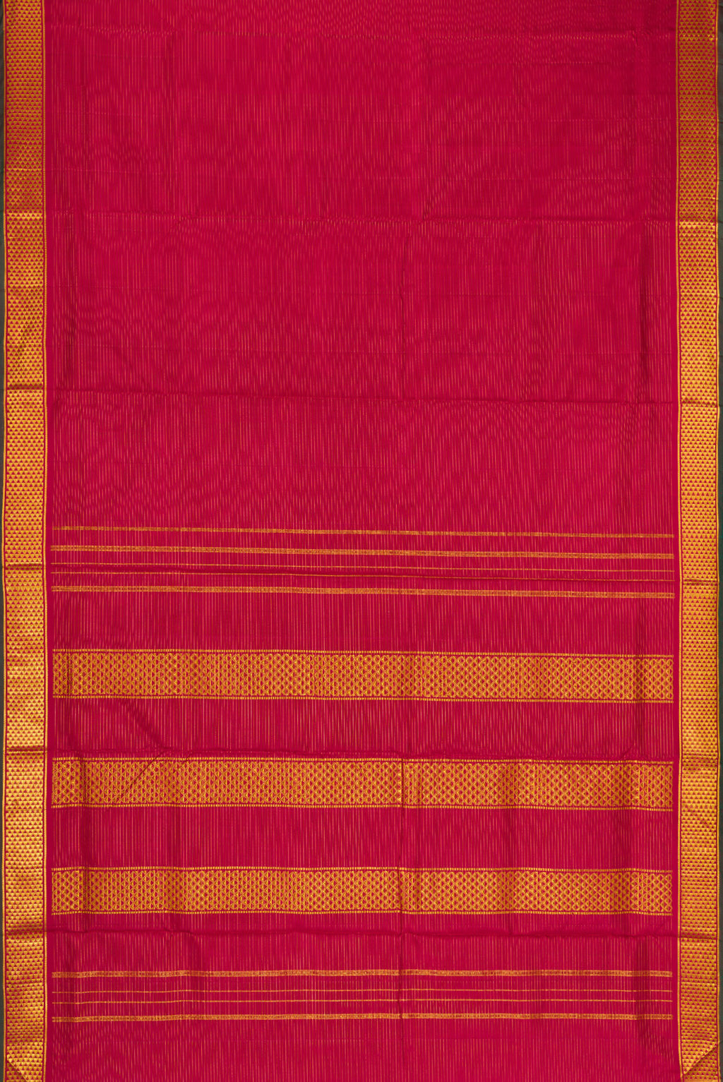 Flat view of Pure Silk Pure Zari Maroon Dual Tone Kanjivaram Nine Yards Saree with Stripes on the body and Zari Border. 