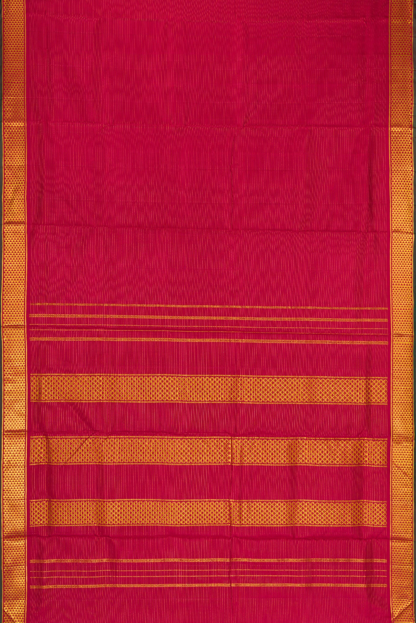 Flat view of Pure Silk Pure Zari Maroon Dual Tone Kanjivaram Nine Yards Saree with Stripes on the body and Zari Border. 