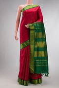 Pure Silk Pure Zari Maroon Dual Tone Kanchipuram Nine Yards Saree with Plain Body and Zari Border.  displayed on a mannequin