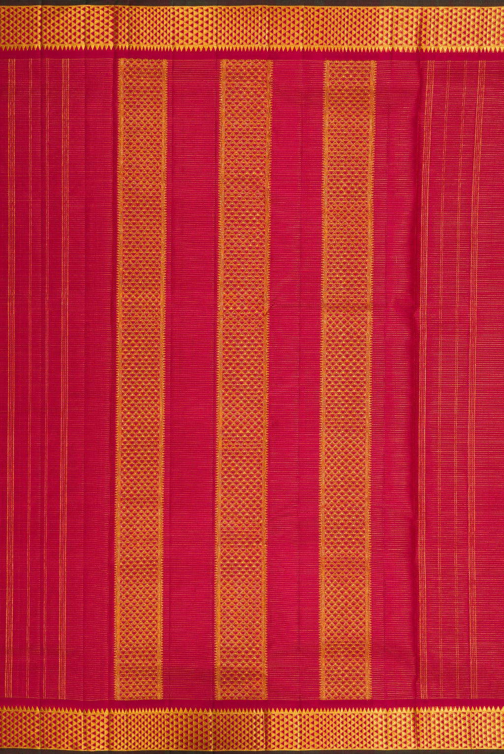 Close up image of the pallu of Pure Silk Pure Zari Maroon Dual Tone Kanchipuram Nine Yards Saree with Stripes on the body and Zari Border. 