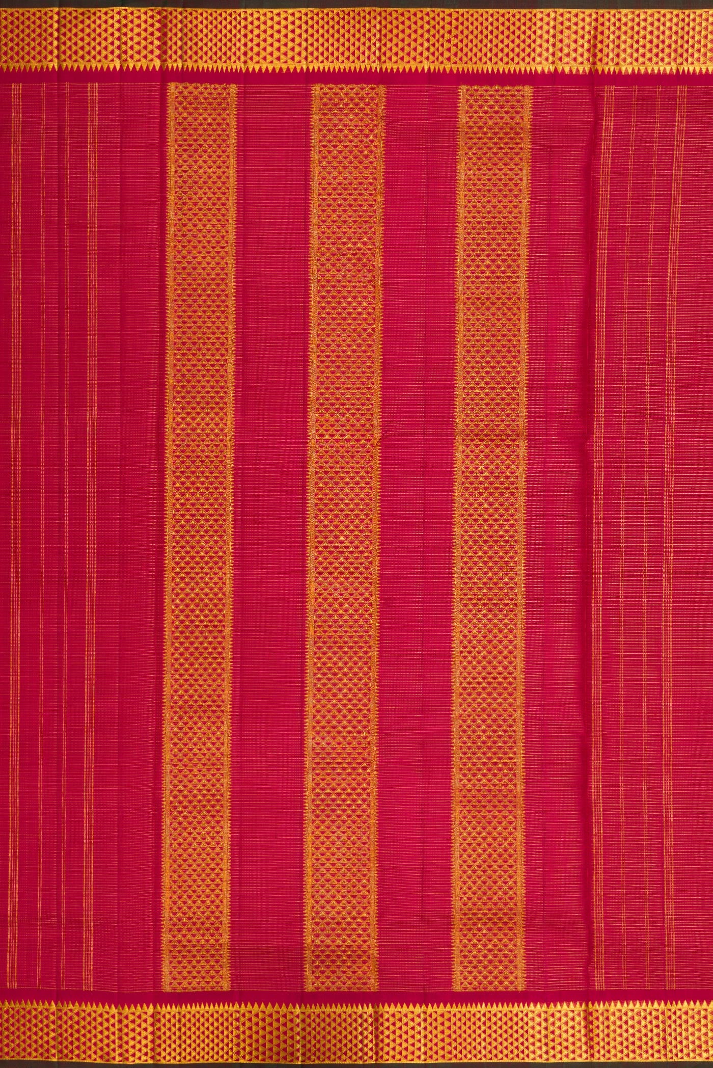 Close up image of the pallu of Pure Silk Pure Zari Maroon Dual Tone Kanchipuram Nine Yards Saree with Stripes on the body and Zari Border. 