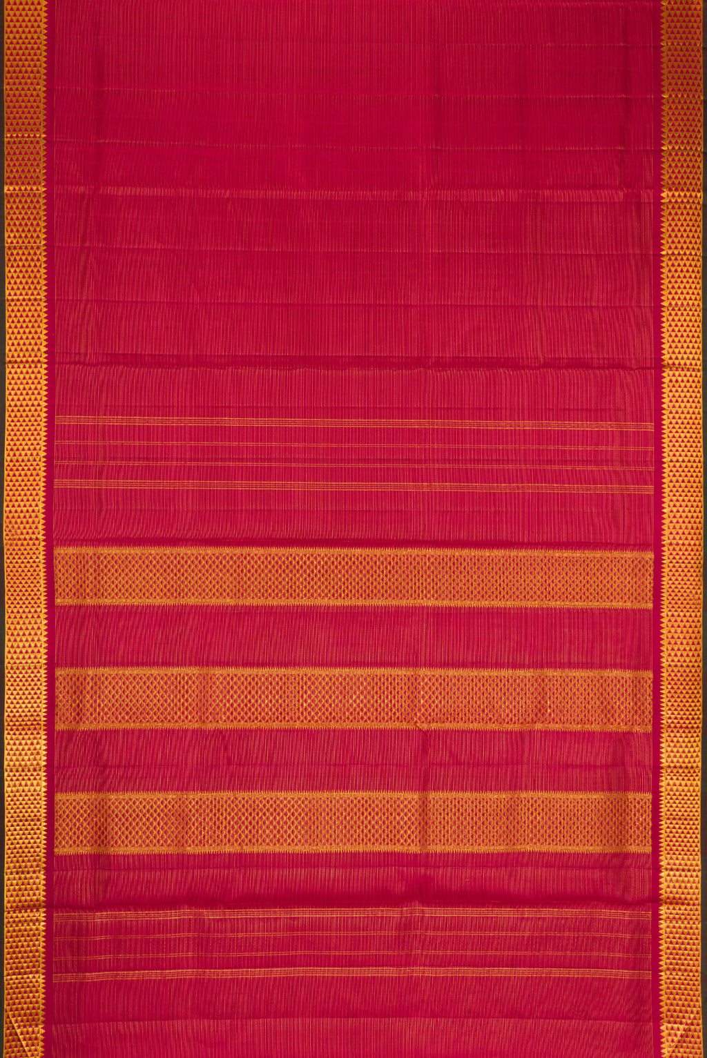 Flat view of Pure Silk Pure Zari Maroon Dual Tone Kanchipuram Nine Yards Saree with Stripes on the body and Zari Border. 