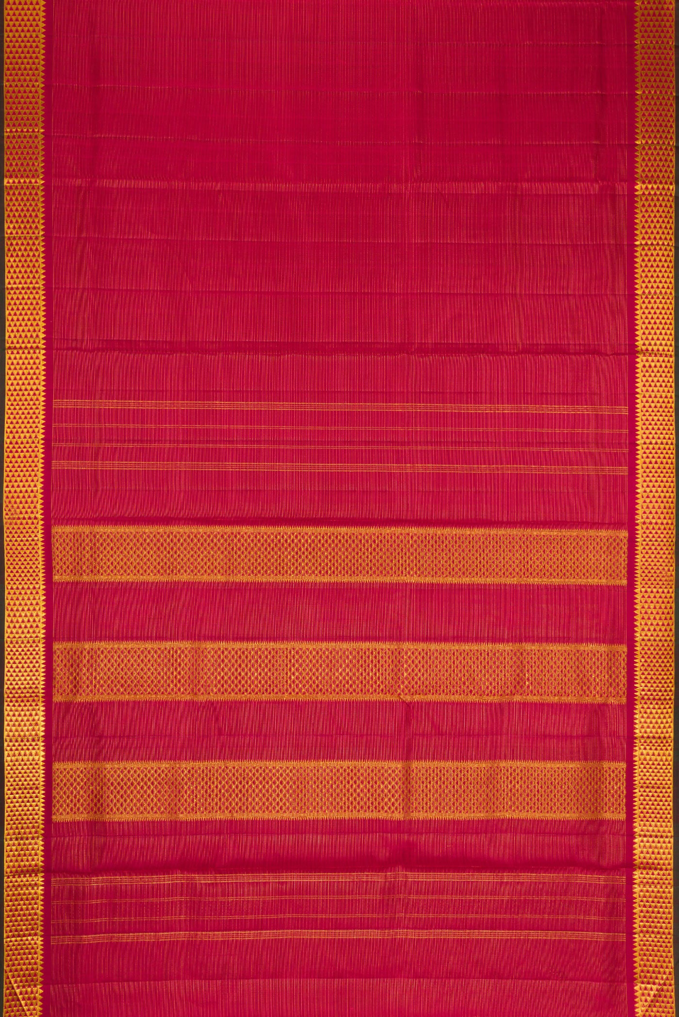 Flat view of Pure Silk Pure Zari Maroon Dual Tone Kanchipuram Nine Yards Saree with Stripes on the body and Zari Border. 
