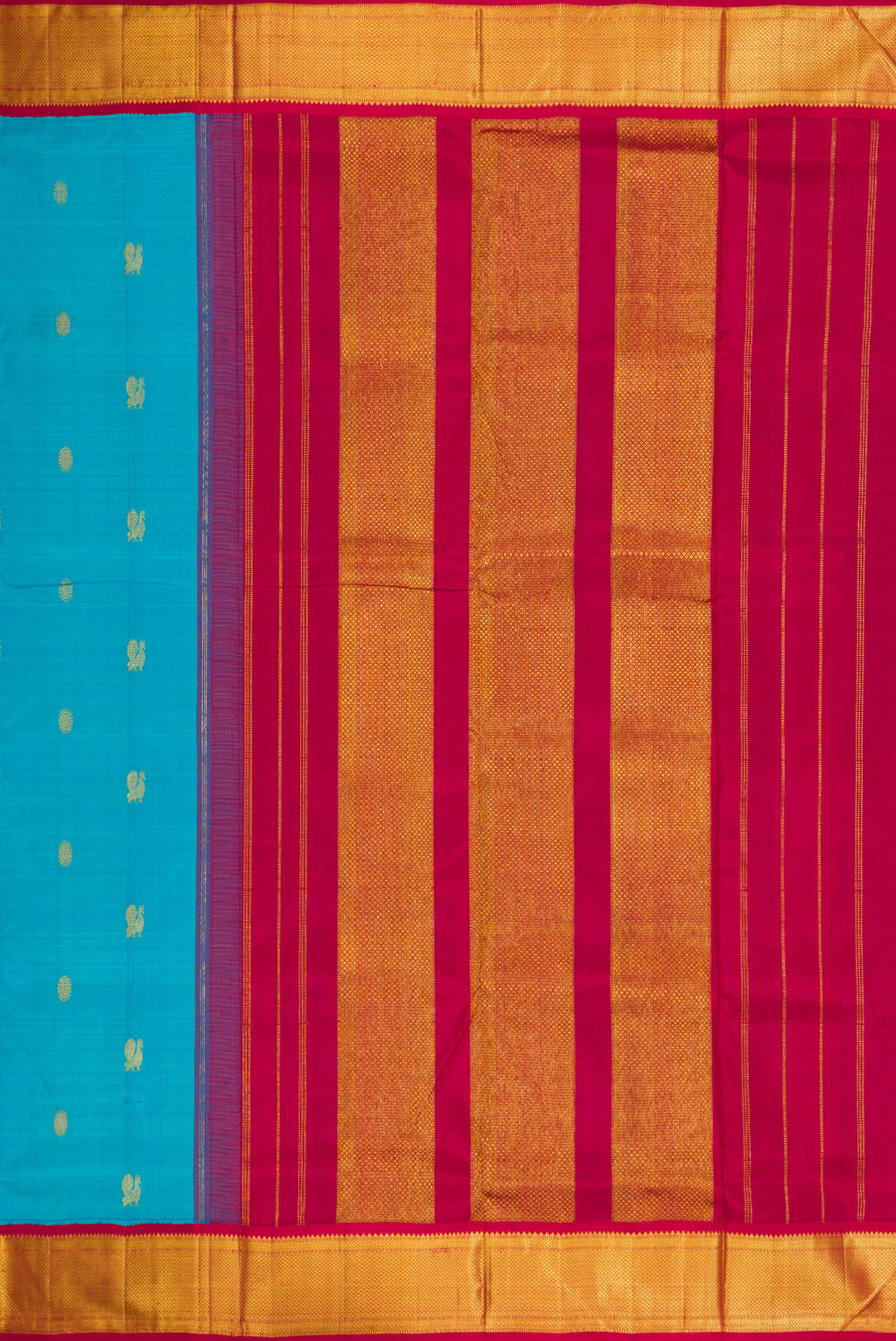 Close up image of the pallu of Pure Silk Pure Zari Sky Blue Dual Tone Kanchipuram Nine Yards Saree with Zari Butta on the body and Zari Border. 