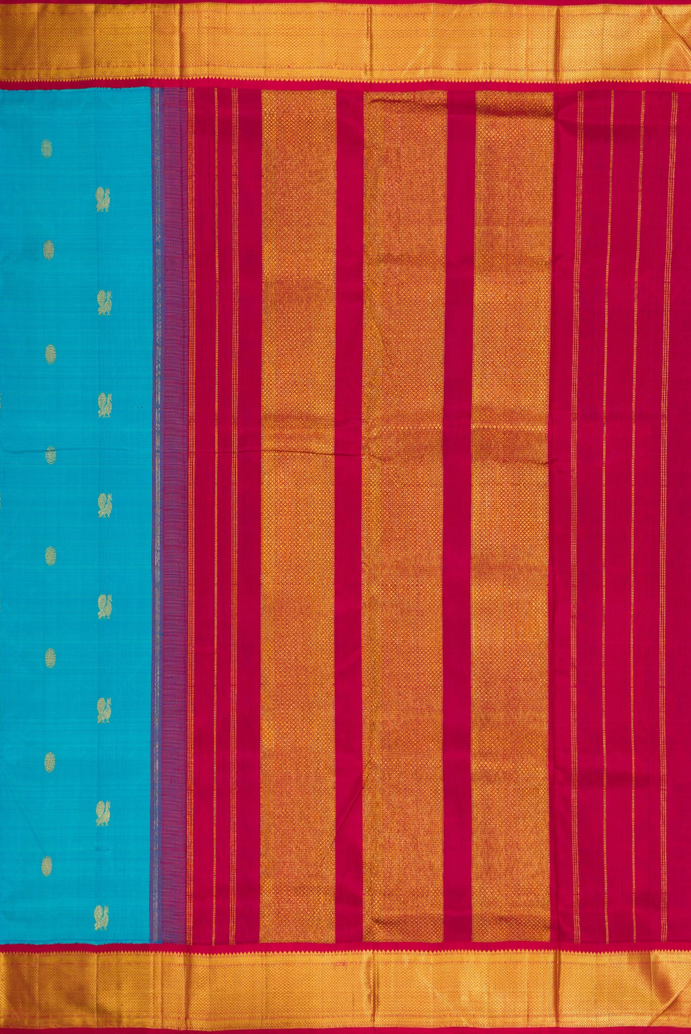 Close up image of the pallu of Pure Silk Pure Zari Sky Blue Dual Tone Kanchipuram Nine Yards Saree with Zari Butta on the body and Zari Border. 