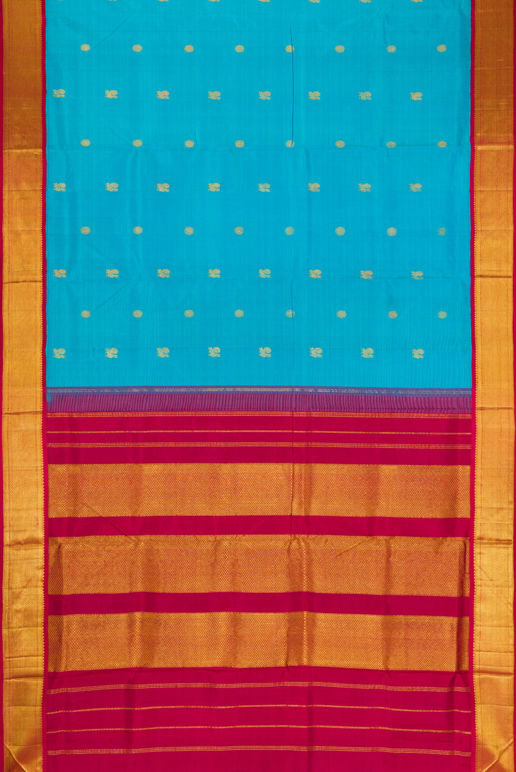 Flat view of Pure Silk Pure Zari Sky Blue Dual Tone Kanchipuram Nine Yards Saree with Zari Butta on the body and Zari Border. 