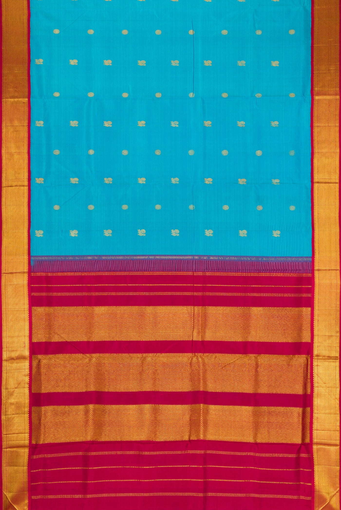 Flat view of Pure Silk Pure Zari Sky Blue Dual Tone Kanchipuram Nine Yards Saree with Zari Butta on the body and Zari Border. 