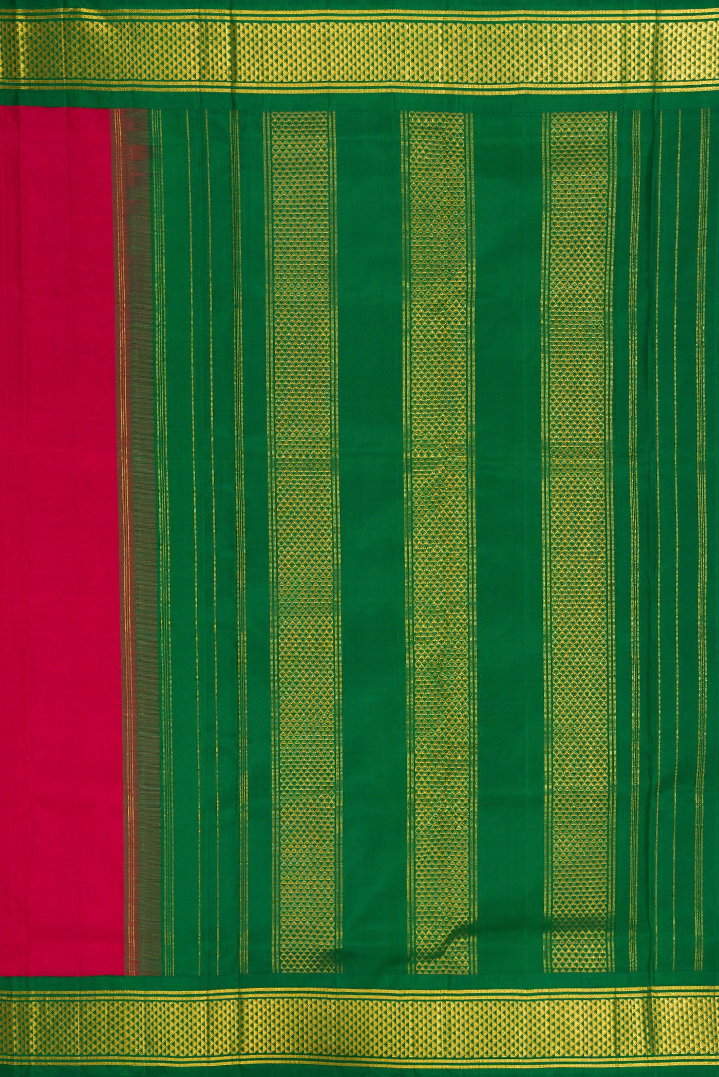 Close up image of the pallu of Pure Silk Pure Zari Maroon Kanchipuram Nine Yards Saree with Plain Body and Zari Border. 