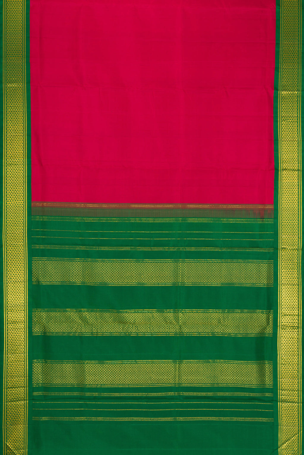 Flat view of Pure Silk Pure Zari Maroon Kanchipuram Nine Yards Saree with Plain Body and Zari Border. 