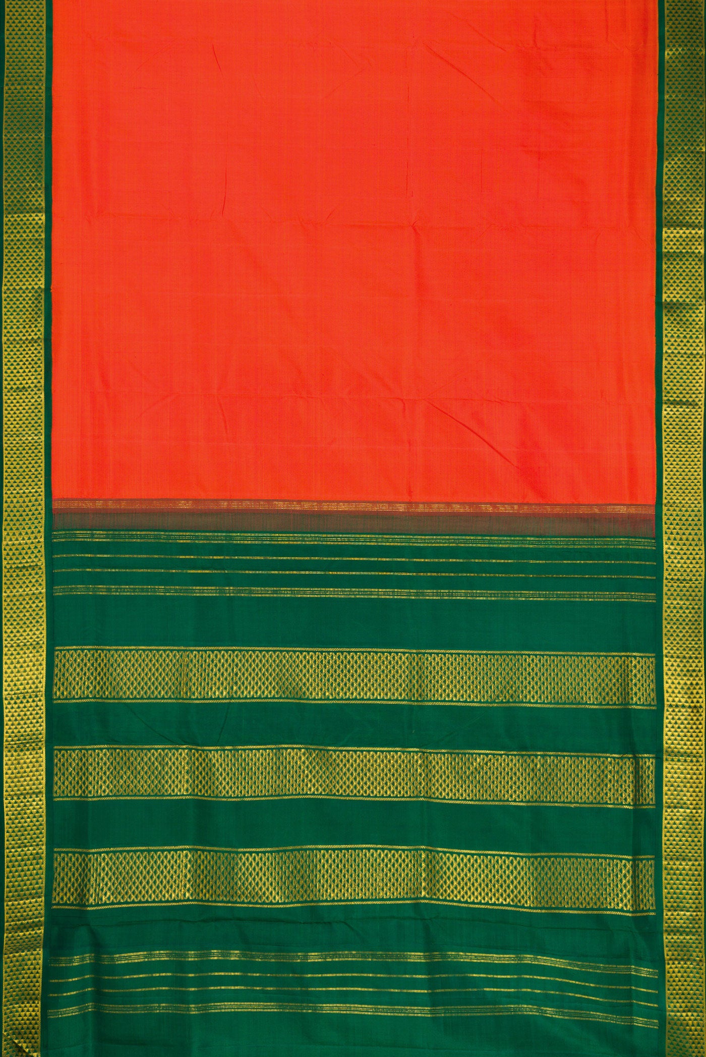 Flat view of Orange Dual Tone Kanchipuram Silk Nine Yards Saree with Plain Body and Zari Border. 