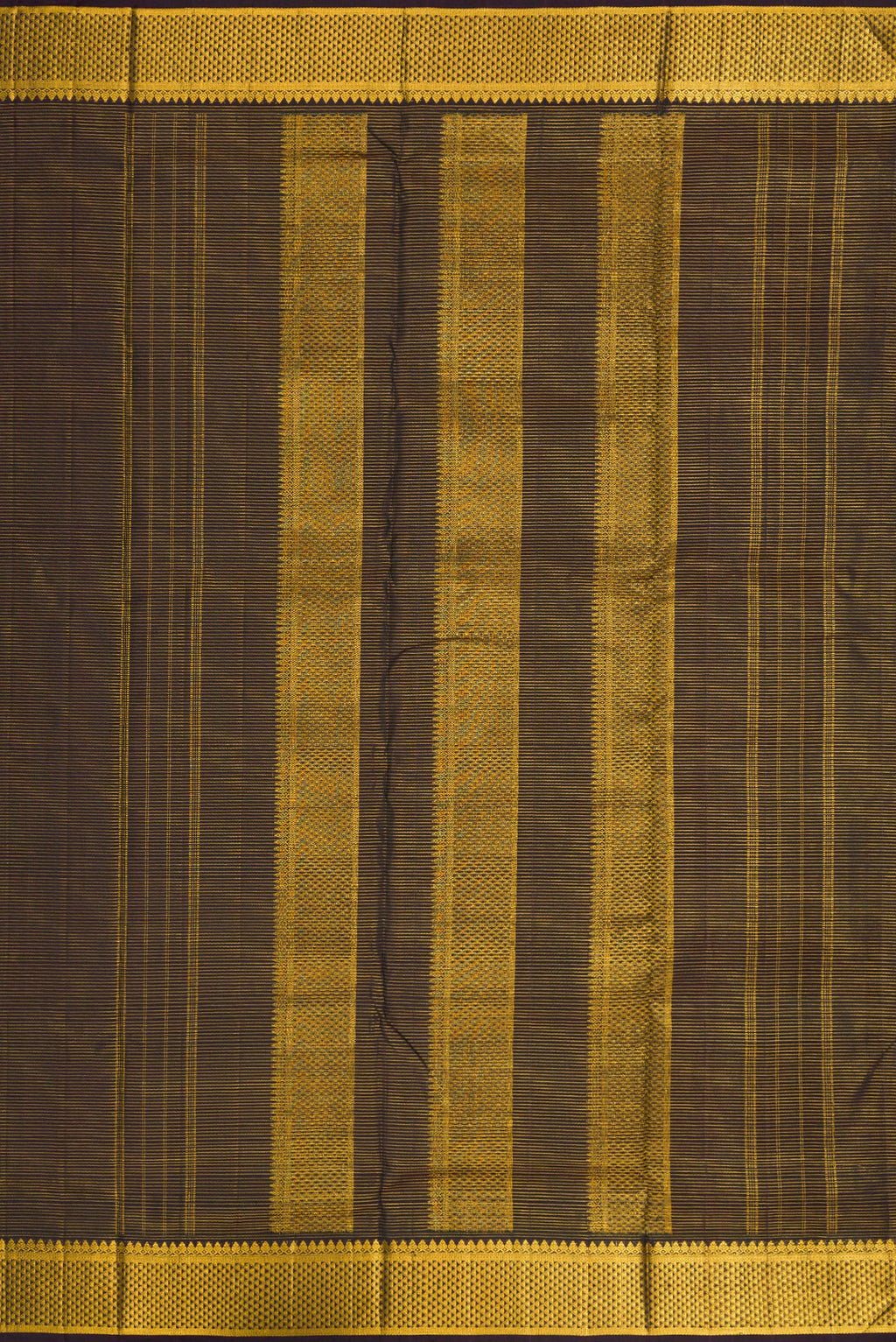 Close up image of the pallu of Black Dual Tone Kanjivaram Silk Nine Yards Saree with Stripes on the body and Zari Border. 