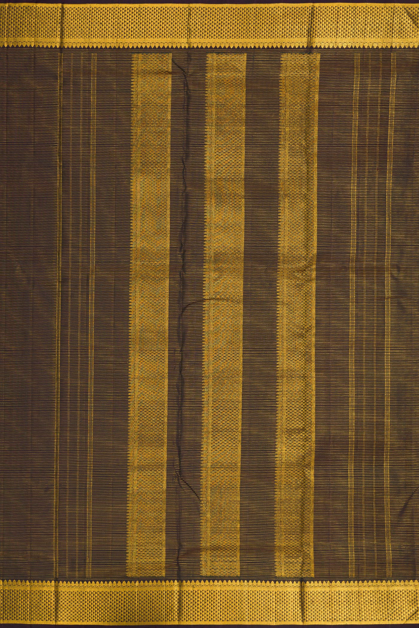 Close up image of the pallu of Black Dual Tone Kanjivaram Silk Nine Yards Saree with Stripes on the body and Zari Border. 