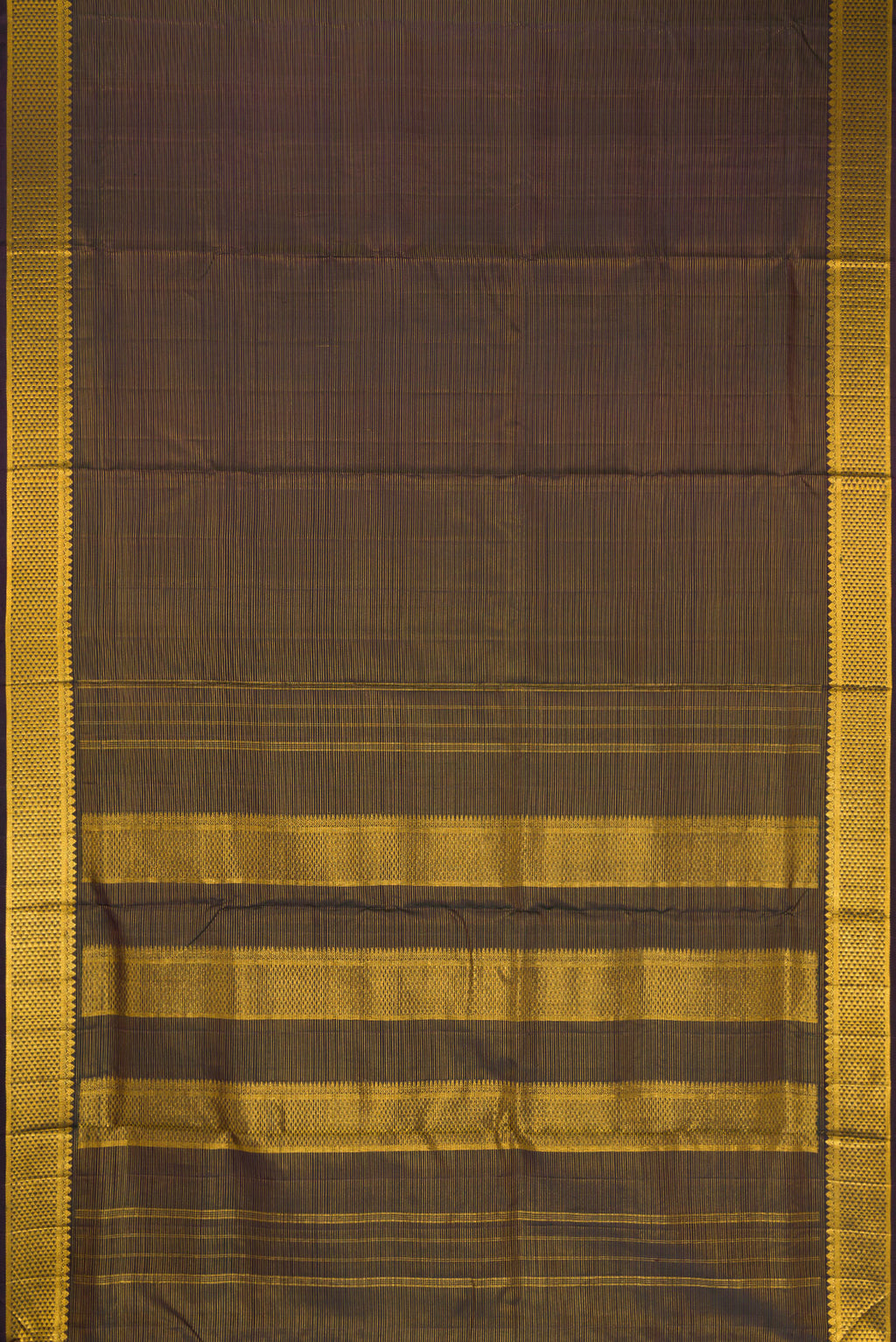 Flat view of Black Dual Tone Kanjivaram Silk Nine Yards Saree with Stripes on the body and Zari Border. 