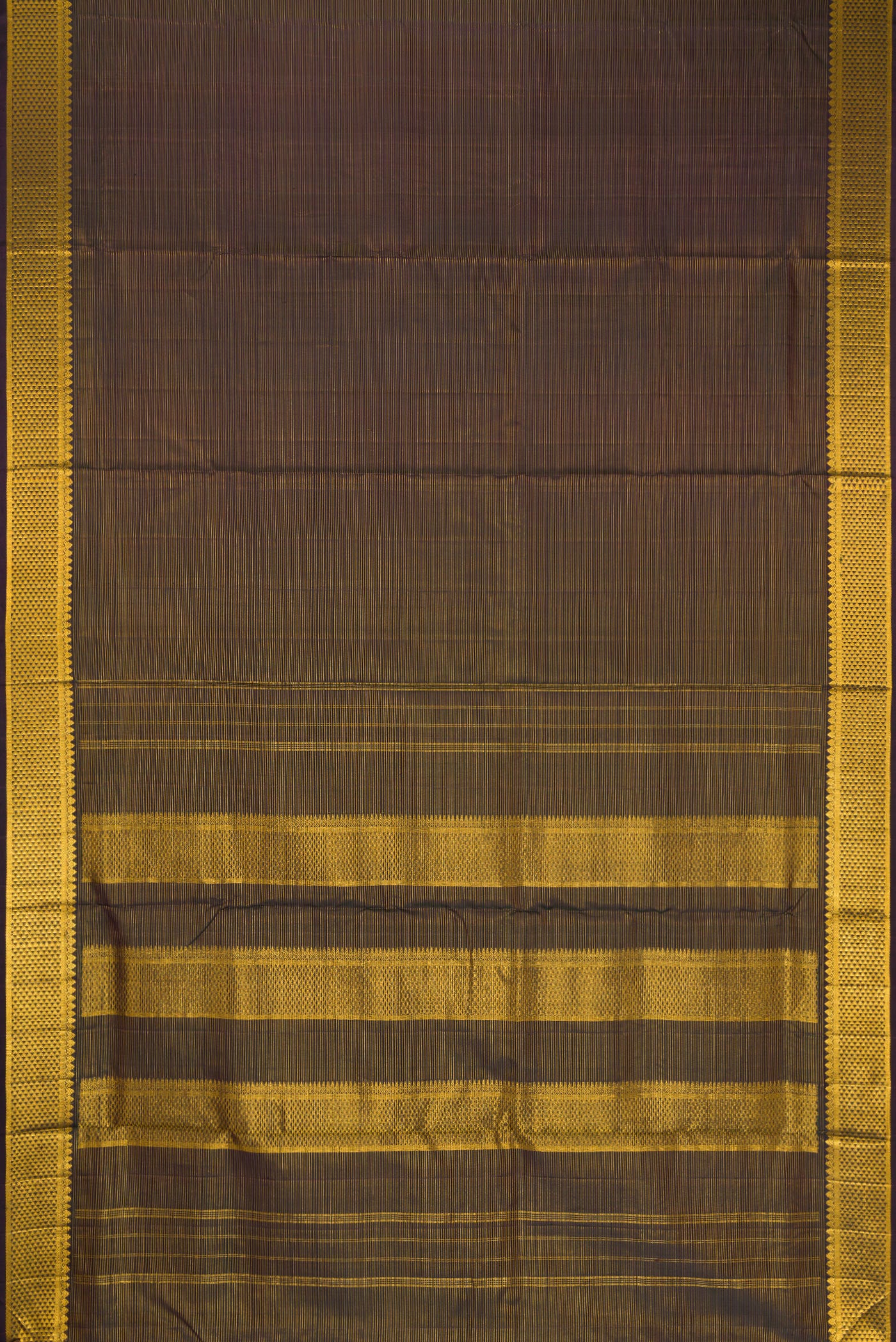 Flat view of Black Dual Tone Kanjivaram Silk Nine Yards Saree with Stripes on the body and Zari Border. 