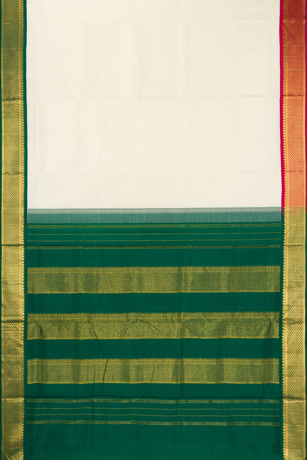 Flat view of Pure Silk Off White Kanchipuram Nine Yards Saree with Plain Body and Ganga Jamuna Border. 