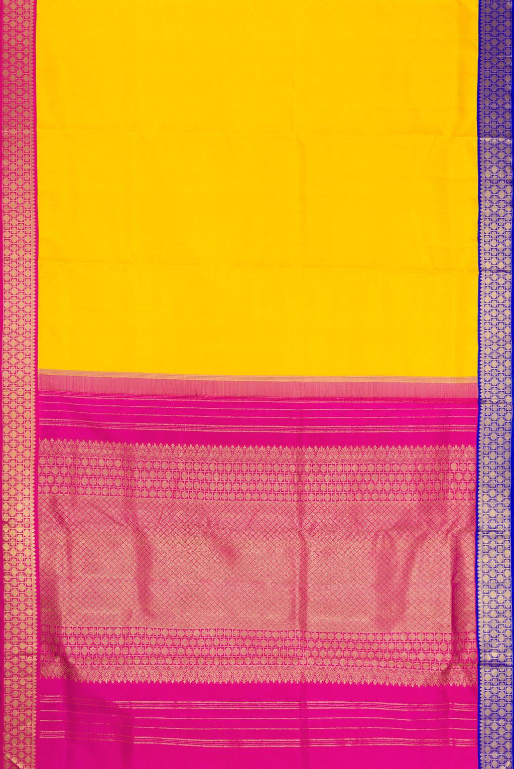 Flat view of Pure Silk Pure Zari Yellow Dual Tone Kanchipuram Nine Yards Saree with Plain Body and Ganga Jamuna Border. 