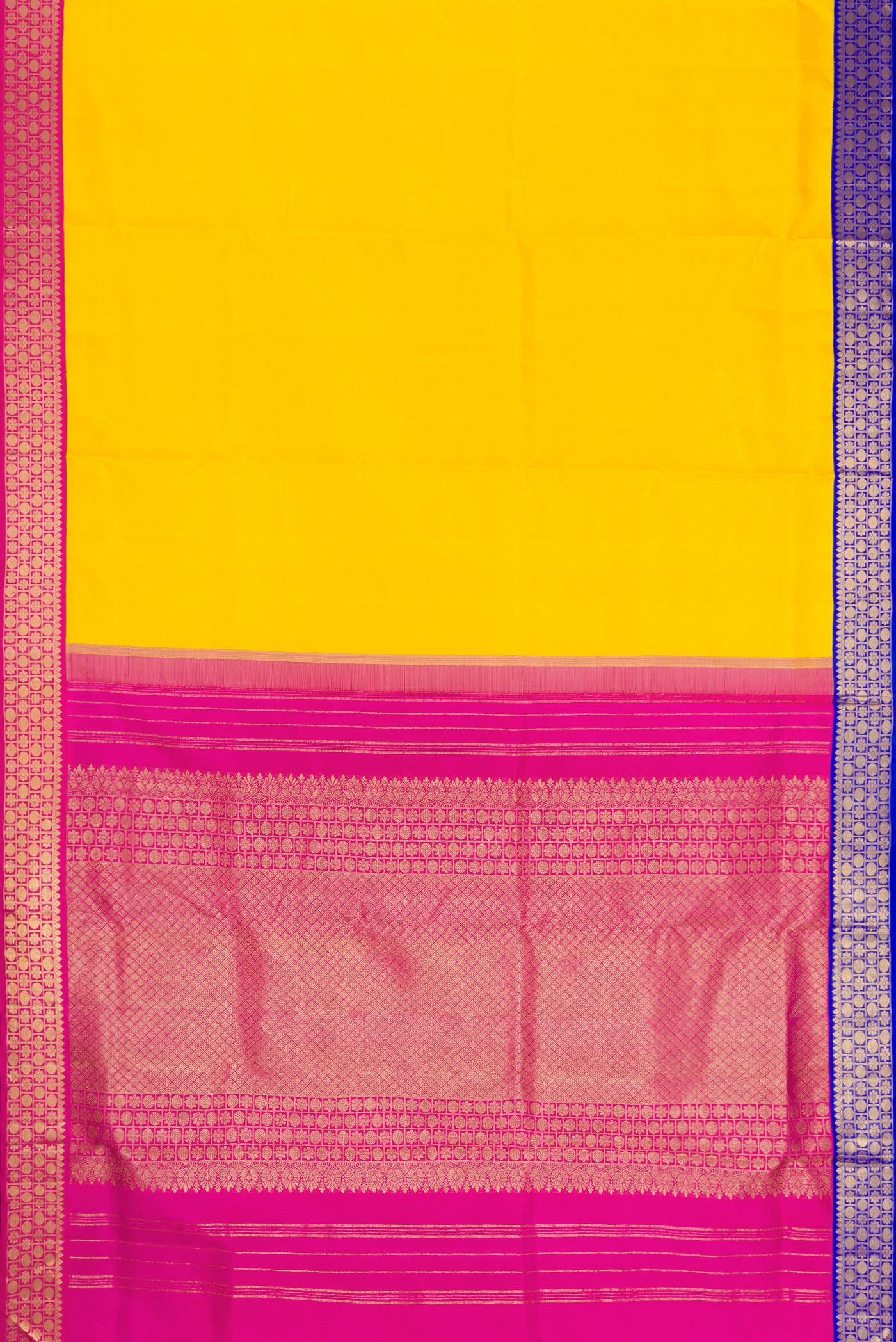 Flat view of Pure Silk Pure Zari Yellow Dual Tone Kanchipuram Nine Yards Saree with Plain Body and Ganga Jamuna Border. 