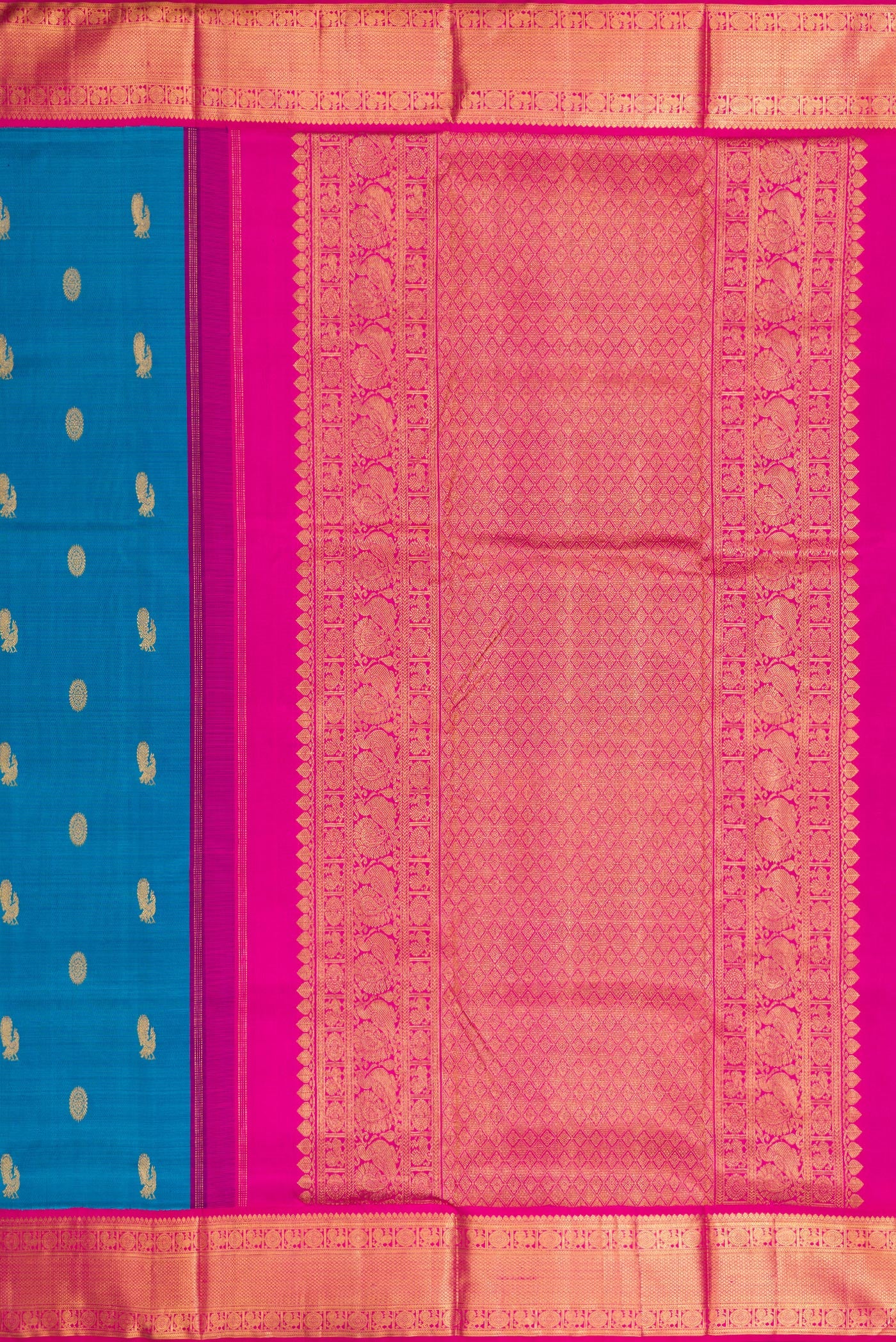 Close up image of the pallu of Pure Silk Pure Zari Peacock Blue Dual Tone Kanchipuram Nine Yards Saree with Zari Butta on the body and Zari Border. 