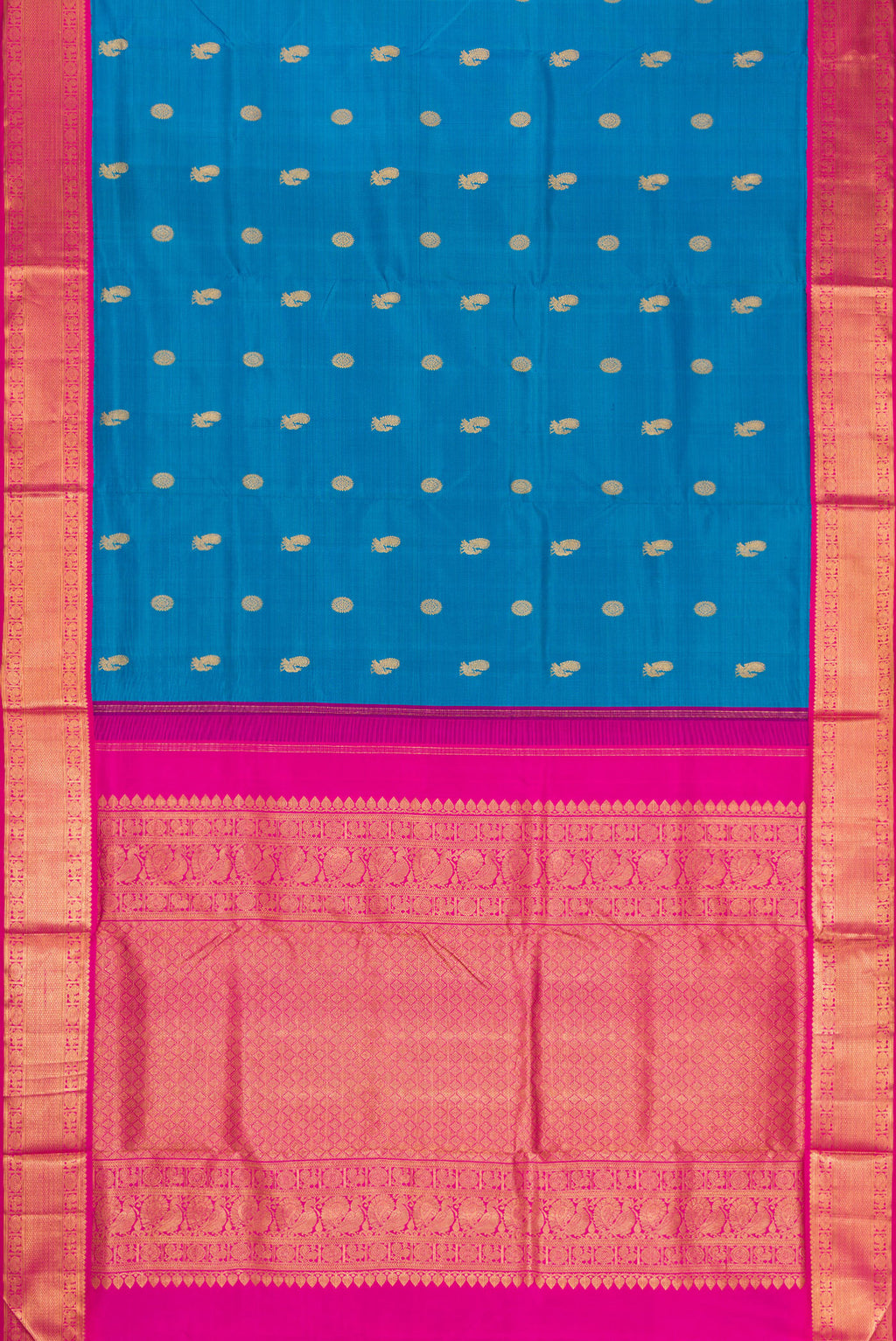 Flat view of Pure Silk Pure Zari Peacock Blue Dual Tone Kanchipuram Nine Yards Saree with Zari Butta on the body and Zari Border. 