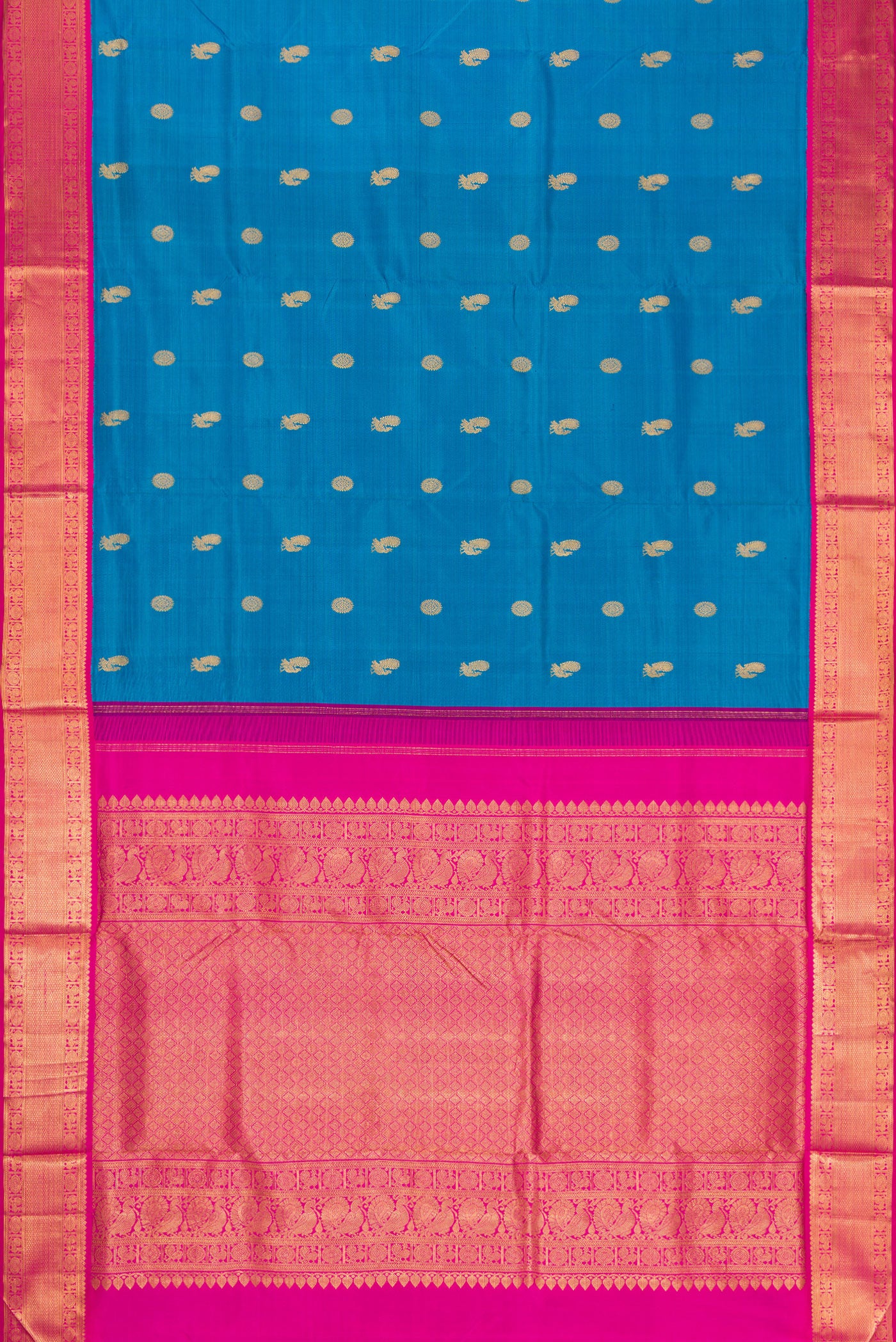 Flat view of Pure Silk Pure Zari Peacock Blue Dual Tone Kanchipuram Nine Yards Saree with Zari Butta on the body and Zari Border. 