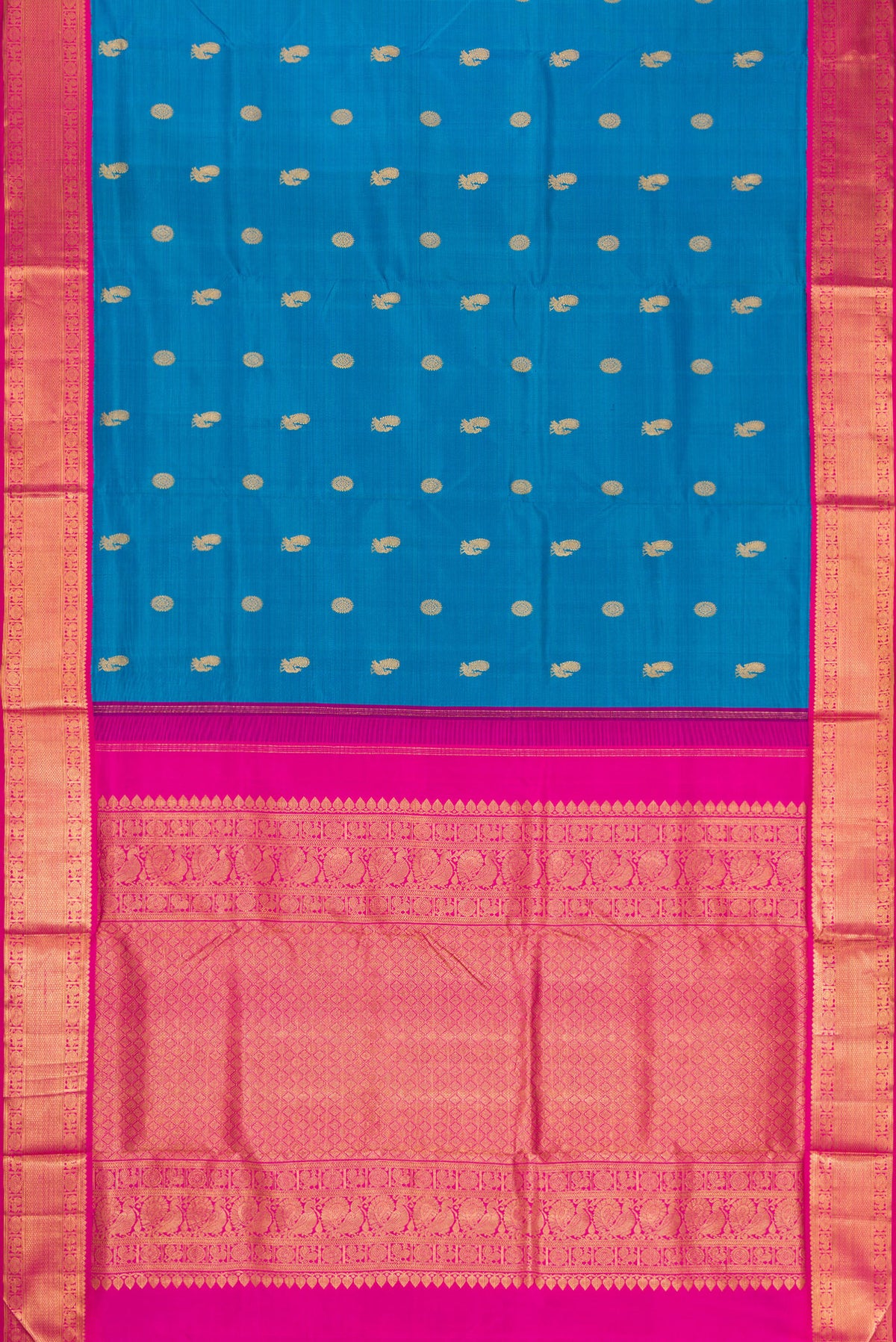 Flat view of Pure Silk Pure Zari Peacock Blue Dual Tone Kanchipuram Nine Yards Saree with Zari Butta on the body and Zari Border. 