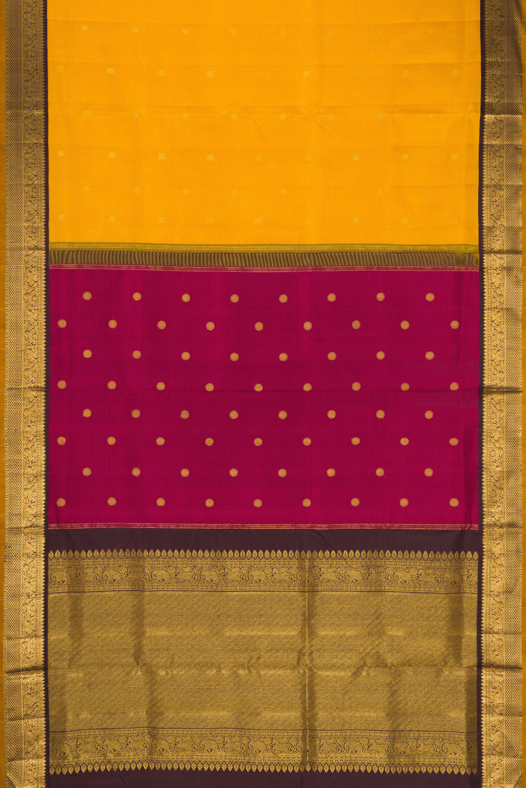 Flat view of Pure Silk Pure Zari Yellow Dual Tone Kanchipuram Nine Yards Saree with Zari Butta on the body and Zari Border. 