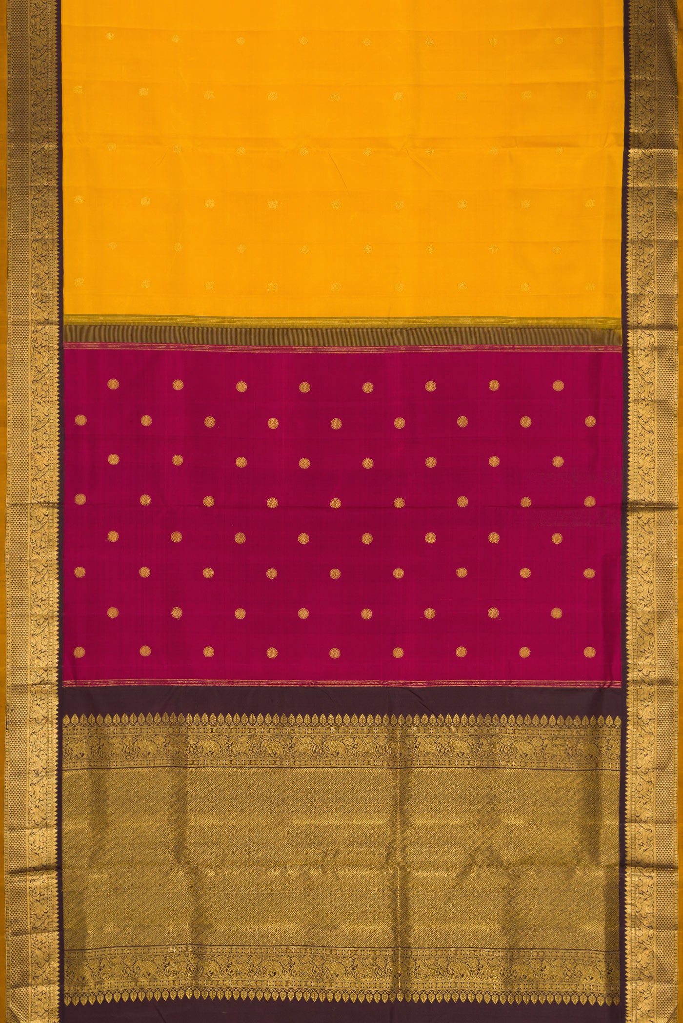 Flat view of Pure Silk Pure Zari Yellow Dual Tone Kanchipuram Nine Yards Saree with Zari Butta on the body and Zari Border. 