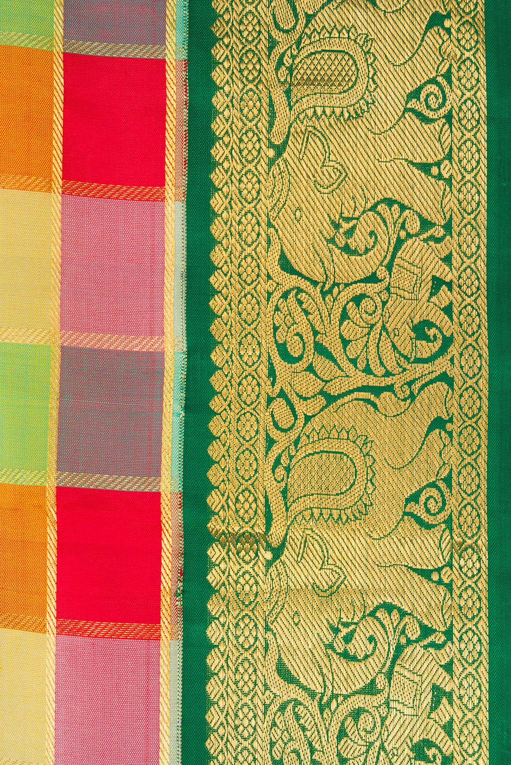 Border image of Red, Mustard, Green & pink Color Kanchipuram Silk Nine Yards Saree with Checked design on the body and Zari Border. 