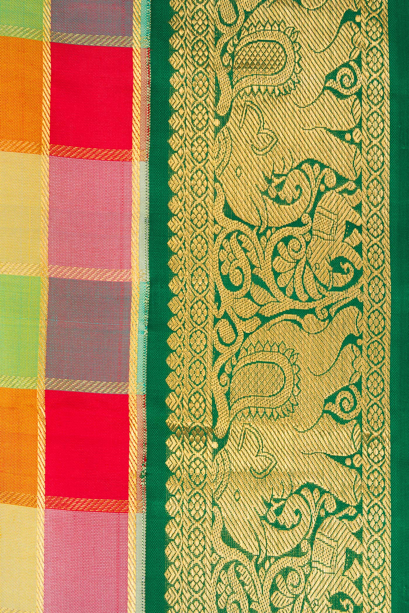 Border image of Red, Mustard, Green & pink Color Kanchipuram Silk Nine Yards Saree with Checked design on the body and Zari Border. 