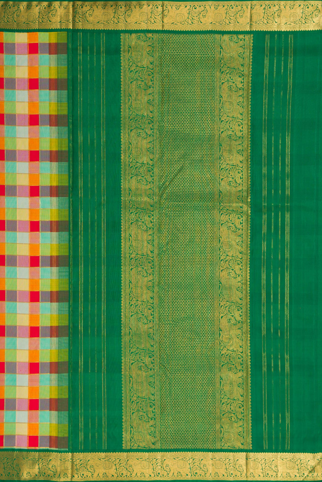 Close up image of the pallu of Red, Mustard, Green & pink Color Kanchipuram Silk Nine Yards Saree with Checked design on the body and Zari Border. 