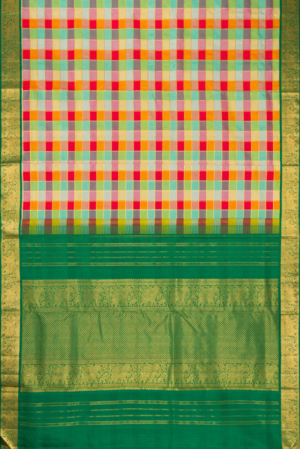 Flat view of Red, Mustard, Green & pink Color Kanchipuram Silk Nine Yards Saree with Checked design on the body and Zari Border. 