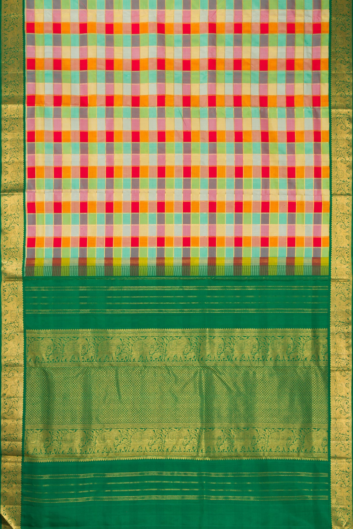 Flat view of Red, Mustard, Green & pink Color Kanchipuram Silk Nine Yards Saree with Checked design on the body and Zari Border. 