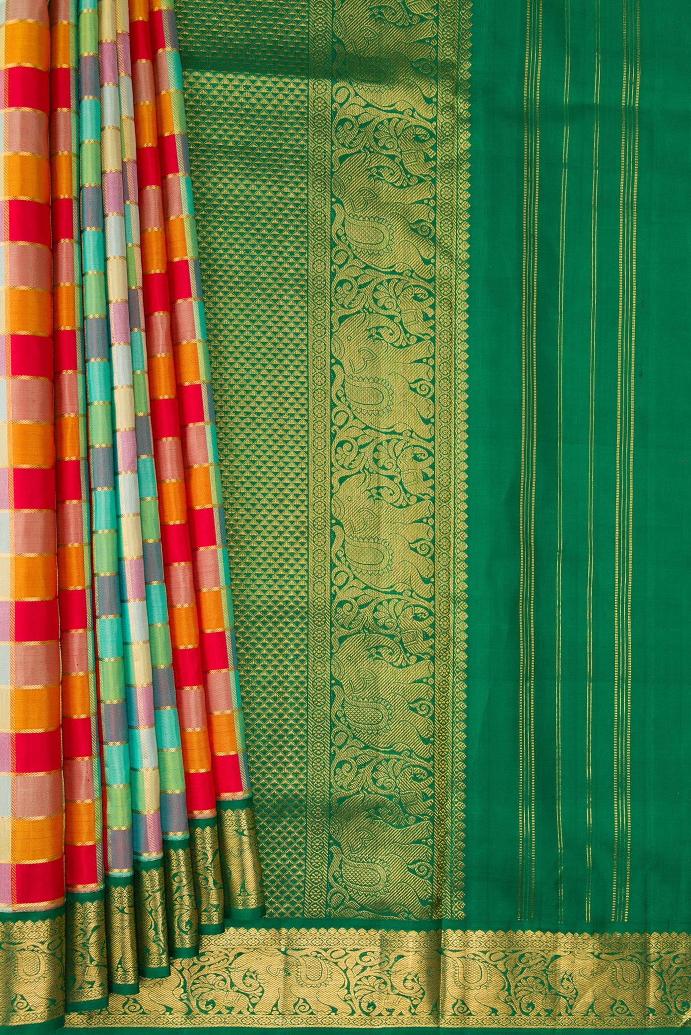 Pleats and pallu of Red, Mustard, Green & pink Color Kanchipuram Silk Nine Yards Saree with Checked design on the body and Zari Border. 
