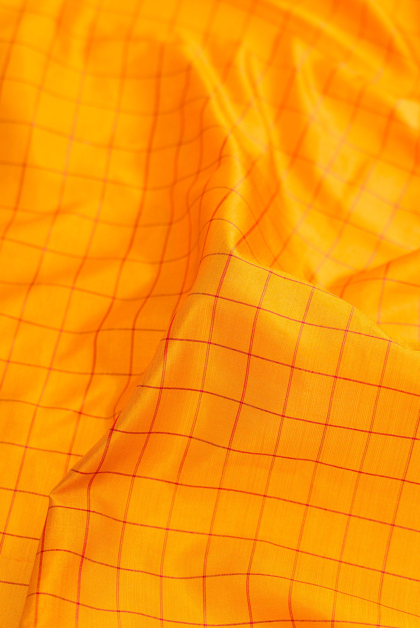 Close up of Mustard Dual Tone Kanchipuram Silk Nine Yards Saree with Checked design on the body and Zari Border.  displaying folds