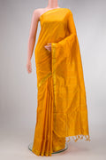 Mustard Dual Tone Kanchipuram Silk Nine Yards Saree with Checked design on the body and Zari Border.  displayed on a mannequin