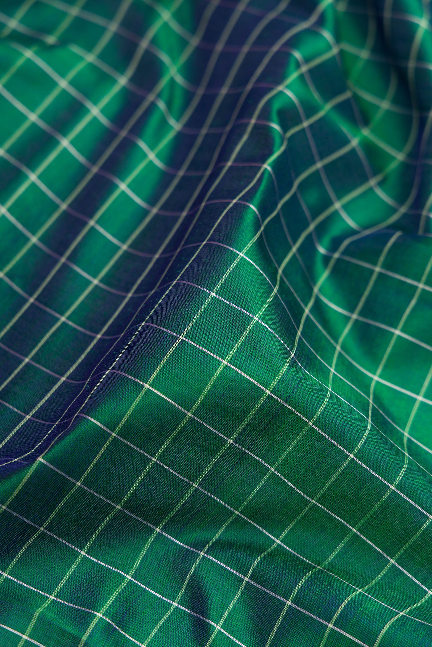 Close up of Green Dual Tone Kanchipuram Silk Nine Yards Saree with Checked design on the body and Zari Border.  displaying folds