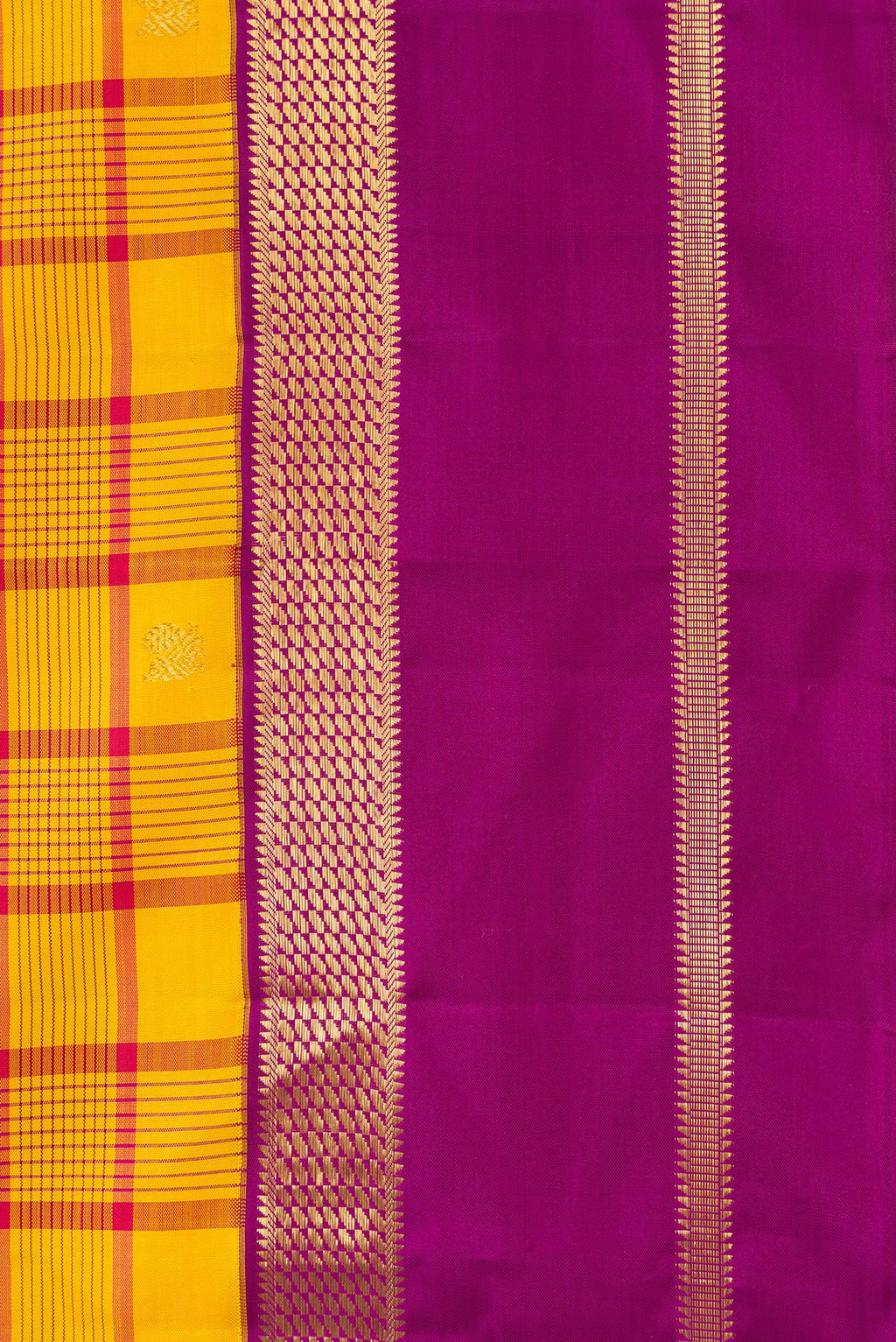 Border image of Pure Silk Pure Zari Mustard Dual Tone Kanjivaram Saree with Checked design on the body and Zari Border. 