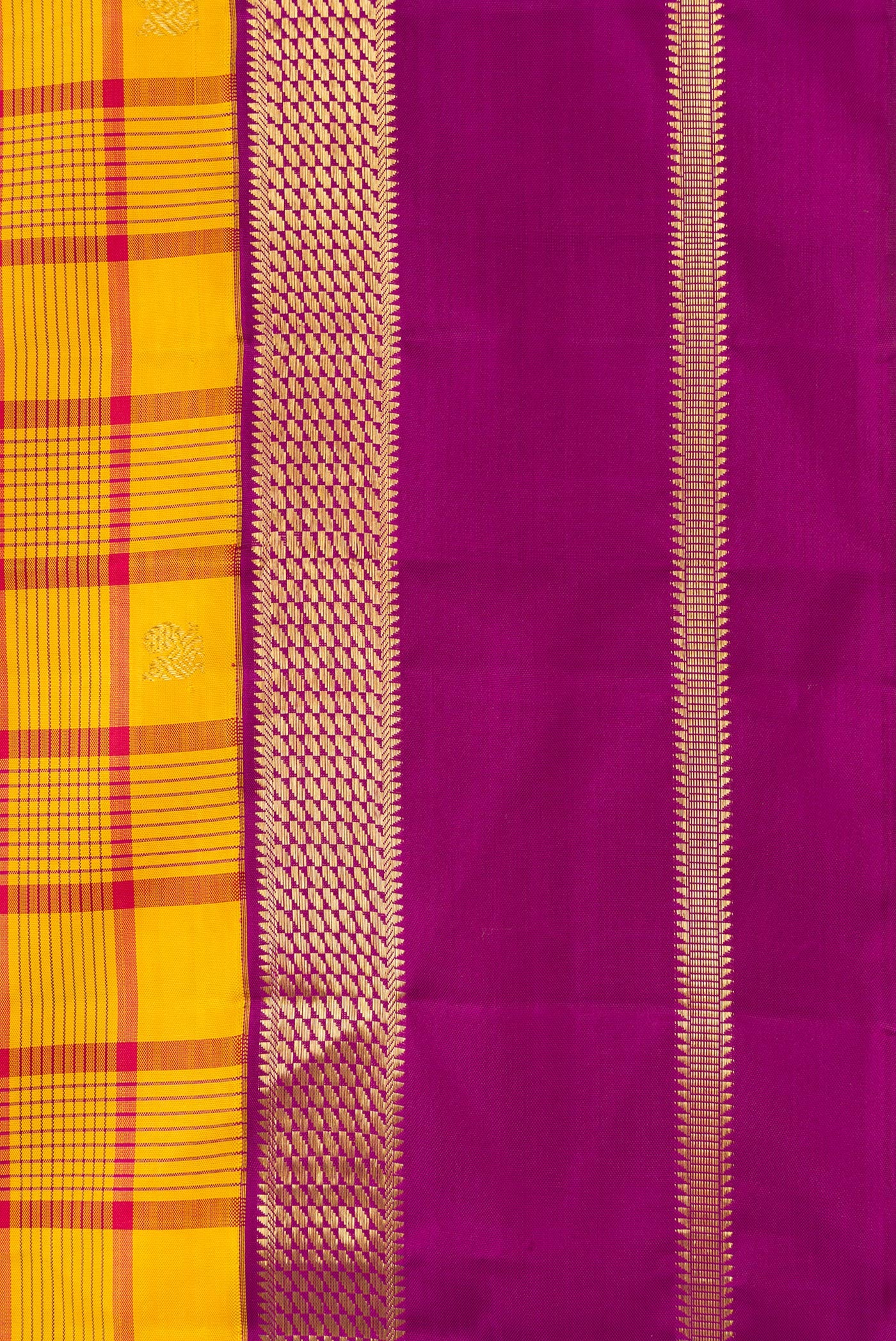 Border image of Pure Silk Pure Zari Mustard Dual Tone Kanjivaram Saree with Checked design on the body and Zari Border. 