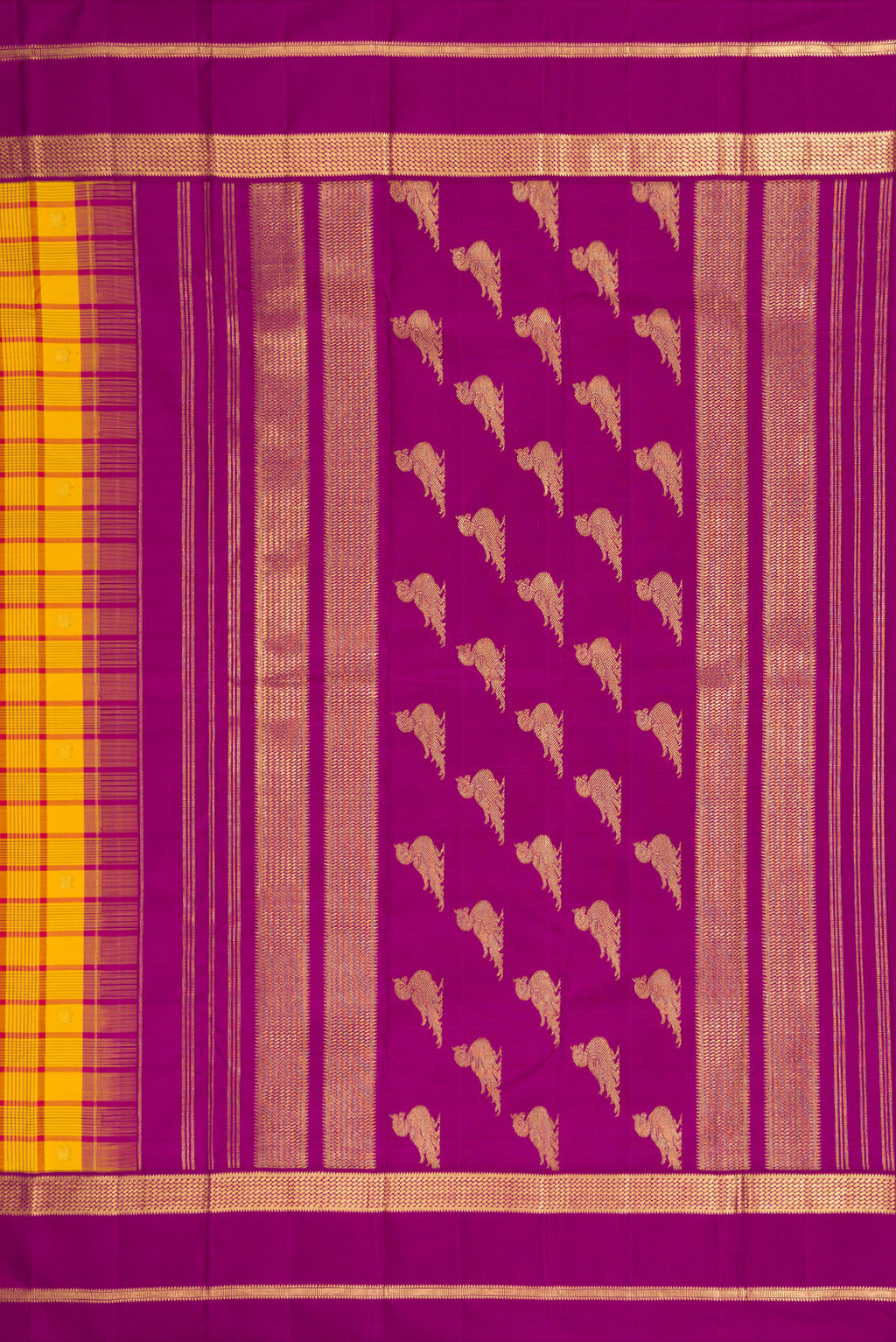 Close up image of the pallu of Pure Silk Pure Zari Mustard Dual Tone Kanjivaram Saree with Checked design on the body and Zari Border. 