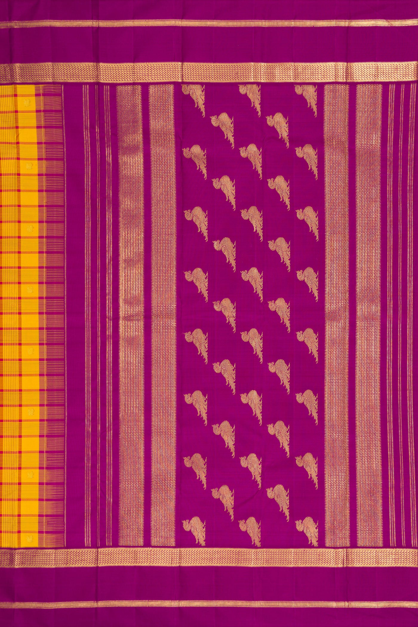 Close up image of the pallu of Pure Silk Pure Zari Mustard Dual Tone Kanjivaram Saree with Checked design on the body and Zari Border. 