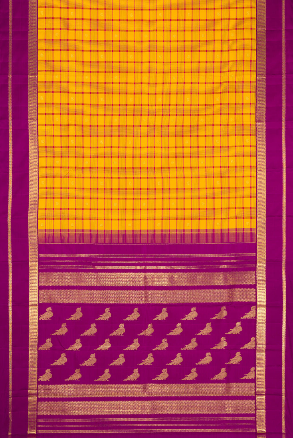 Flat view of Pure Silk Pure Zari Mustard Dual Tone Kanjivaram Saree with Checked design on the body and Zari Border. 