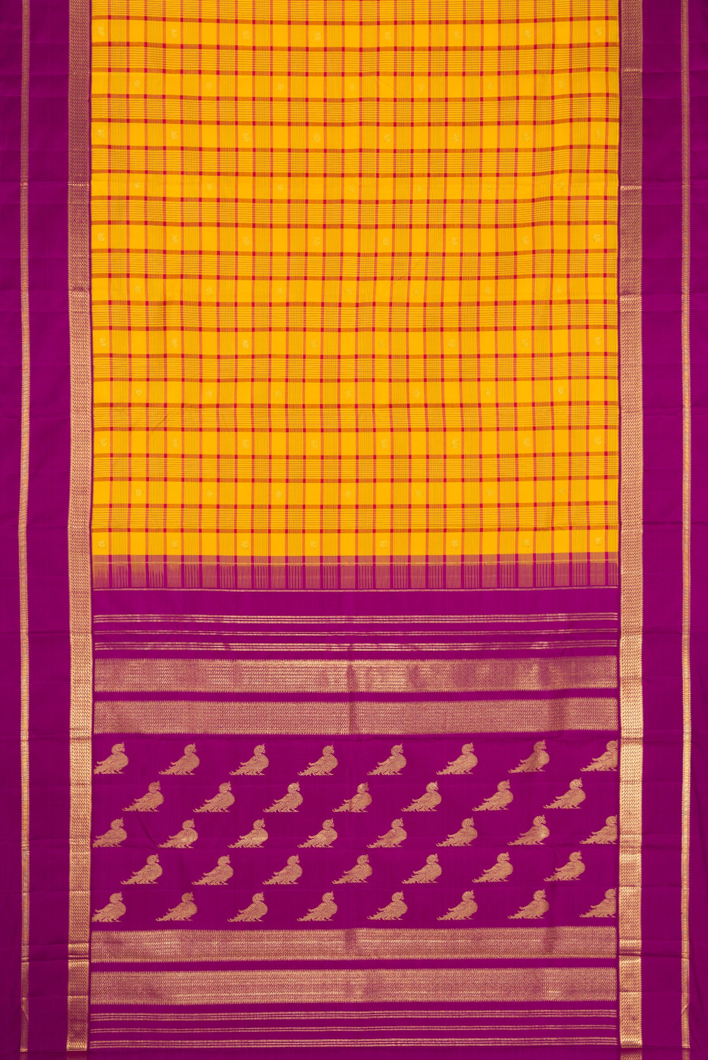 Flat view of Pure Silk Pure Zari Mustard Dual Tone Kanjivaram Saree with Checked design on the body and Zari Border. 