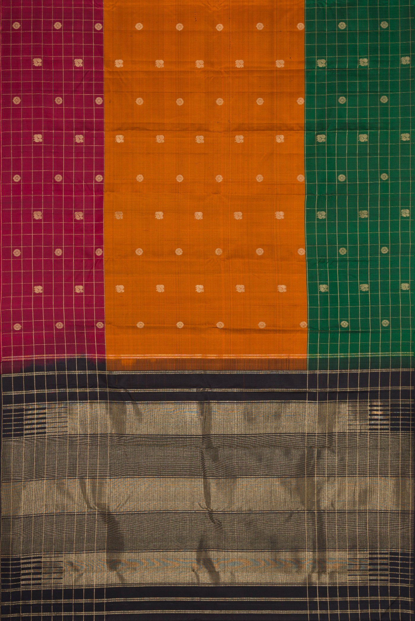 Flat view of Brick Orange Dual Tone Kanjivaram Silk Saree with Zari Butta on the body and Ganga Jamuna Border. 